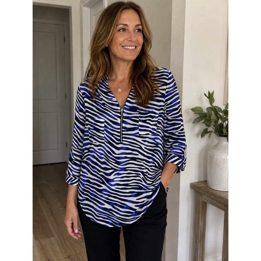 Jessica Simpson Blue Zebra Print Zip Front V-Neck Blouse XL 3/4 Sleeve Top